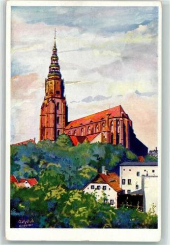 Schweidnitz Swidnica 1928 Künstlerkarte Kath. Pfarrkirche Aquarell sign. G.Wystub