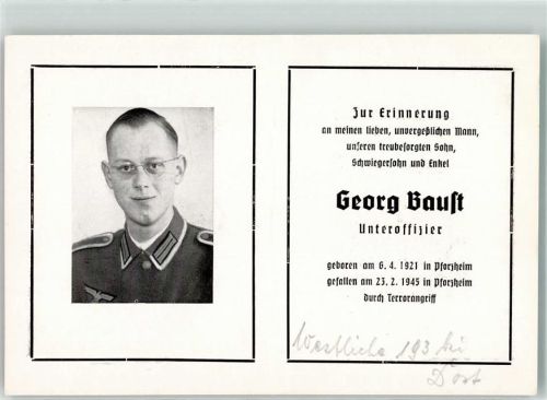 Pforzheim Todesanzeige für Unteroffizier Georg Baust Sterbebild