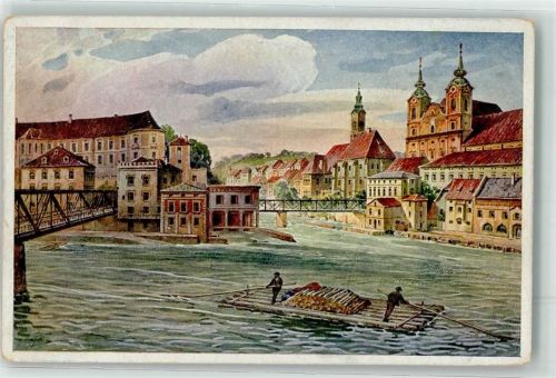 4400 Steyr Lithographie / Künstlerkarte Zusammenfluß der Enns und Steyr Alpenländische Kunst Nr.52