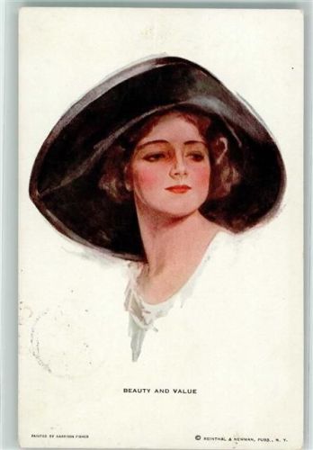 Beauty and Value Junge elegante Frau Hutmode Reinthal & Newman No.262 Fisher, H. 1913 Lithographie / Künstlerkarte