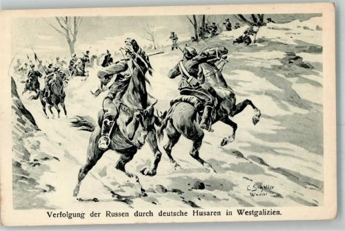 1915 Verlag K. Voegels Nr. 148 WK I Verfolgung der Russen durch deutsche Husaren sign. Schaller