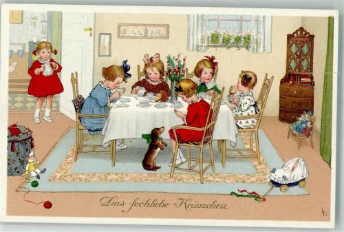 Kinder Kränzchen Kaffeetafel Puppen Dackel Meissner u. Buch Serie 2443