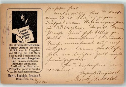 O8000 Dresden Schwanenberger Permanent Briefmarken Album Moritz Rudolph Phila auf AK 1907