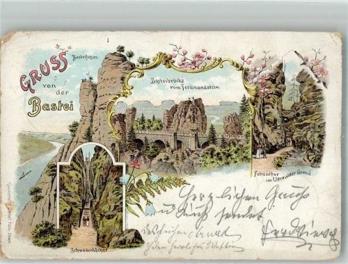 Bastei 1899 Lithographie Basteibrücke vom Ferdinandstein Felsentor im Uttewader Grund