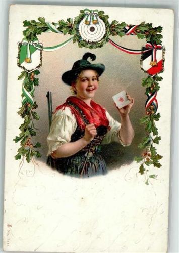 Frau als Schütze Schießscheibe Schwarz-Weiß-Rot Bänder Eichenlaub Schützen 1901