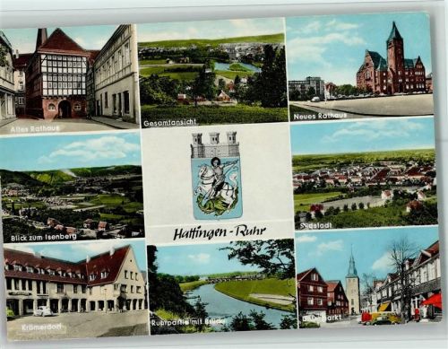 Hattingen Altes Rathaus Gesamtansicht Neues Rathaus Blick zum Isenberg Südstadt Krämerdorf Ruhrpark mit Brücke Untermarkt Mehrfachaufnahme