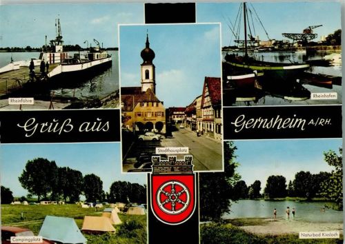 64579 W6084 Gernsheim , Rhein - Rheinfähre Stadthausplatz Rheinhafen Campingplatz Zelte Naturbad Kiesloch Wappen Mehrfachaufnahme