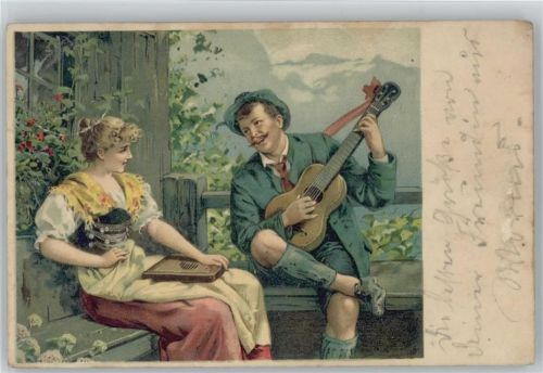 1904 Mann spielt Gitarre und Frau spielt mit der Zither - Trachten