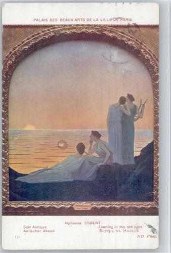 Kithara-Harfe griech. Antike - Frauen am Meer, Sonnenuntergang- Antischer Abend Harfe 1915 Künstlerkarte