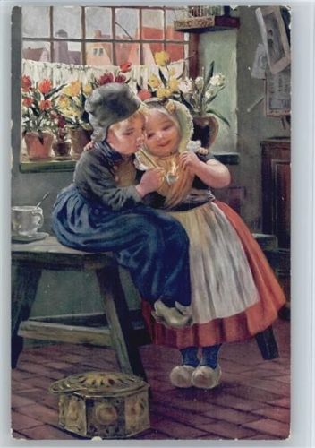 1914 T.S.N. Serie 1017 - Holland Trachten Kinder mit Holzschuhen, Fußofen, Pfeife rauchen
