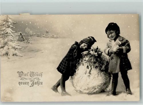 Neujahr - Kinder bauen einen Schneemann 1926 AK
