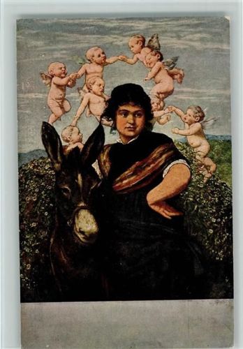 Serie 34/313 Hans Thoma , auf dem Heimwege , Junge mit einem Esel und kleine nackte Engel