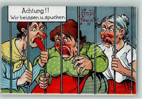 Keifende Weiber mit Fratzen hinter Gittern - Achtung beissen und spucken