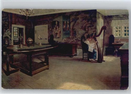 1918 Dänische Kunst sign Slott-Möller - das Harfenspiel - Noten lesen - Tintenfass, Weltkugel auf dem Tisch