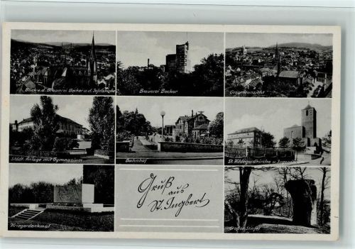 St. Ingbert Blick von der Brauerei Beckauf auf die Josefskirche Städt. Anlage mit Gymnasium Kriegerdenkmal Brauerei Becker Bahnhof Gesamtansicht St. Hildegardkirche und Jugendheim Großer Stiefel Mehrfachaufnahme