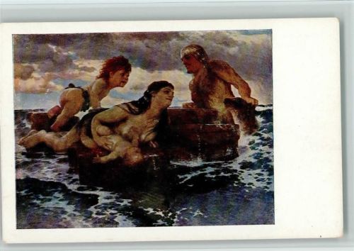 Meeresidylle - Familie mit Baby badet nackt im Meer Böcklin, A. Künstlerkarte