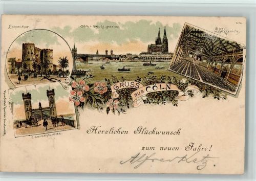 Köln Altstadt-Nord 103 1900 Neujahr - aus - Kunstanstalt Rosenblatt , Eisenbahnbrücke, Saal im Gürzenich,