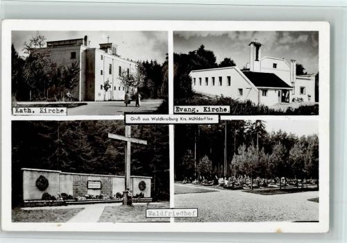 Waldkraiburg 1960 Kriegerdenkmal, Kirchen, Waldfriedhof, sehr gute Erhaltung AK