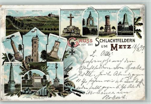 Metz Gruss aus - Schlachtenfelder mit Kriegerdenkmälern Kriegerdenkmal Lithographie