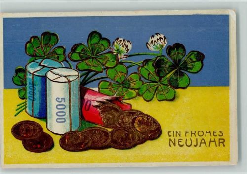 Neujahr - Geldrollen Münzen, Glücksklee Geld auf AK 1935 Prägedruck