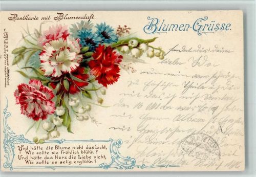 Blumen Grüsse und Gedicht - Nelken , Maiglöckchen AK Duftkarte Lithographie
