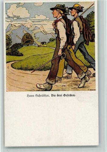 sign Hans Schrödter - Wandern, die drei Gesellen , in der Ferne die Postkutsche - Voigtländer Verlag