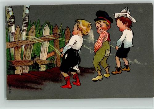 Drei Buben pinkeln gegen einen Zaun ca 1914 AK