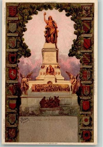 Am Rüdesheimer Hafen Wappen als Umrandung, Niederwalddenkmal 1905 litho
