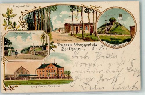 01619 O8401 Zeithain 1902 Lithographie Truppen-Übungsplatz Friedrich August-Allee Barackenstraße Beobachungsstand Kaiser-Wilhelm-Allee Eingang ins Lager Königl.-Garnison-Verwaltung