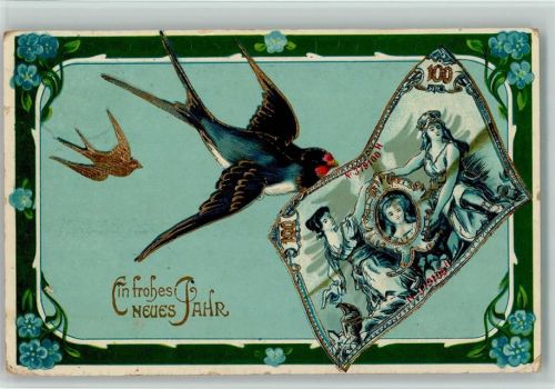 1910 Neujahr - Schwalben mit einem Geldschein AK