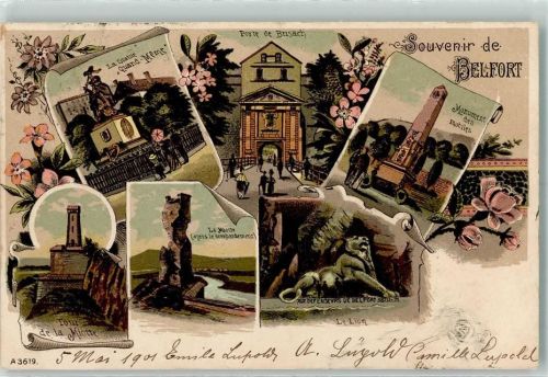 Belfort 1901 La Statue Quand-Meme Porte de Brisach Monument des mobiles Tour de la Miotte Löwendenkmal Lithographie