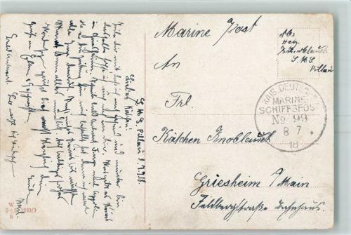 S.M.S. Pillau S.M.S. Ostfriesland Kais. Dt. Marine Schiffspost Nr. 99 Datum: 8.7.18 Marineschiffspoststempel