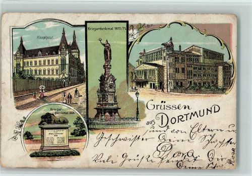 Dortmund 1908 Hauptpost Krieger-Denkmal 1865 Kriegerdenkmal 1870/71 Ortsansicht 4-Bildaufnahme