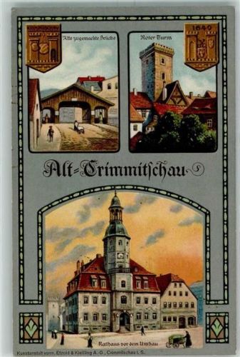 08451 O9630 Crimmitschau Lithographie Alt-Crimmitschau Alte zugemachte Brücke Roter Turm Rathaus vor dem Umbau Festpostkarte Stadtrechtsfeier 1914