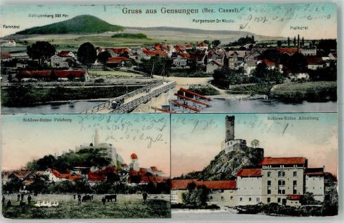 Gensungen 1914 Schloss-Ruine Felsburg Schloss-Ruine Altenburg Parkhotel Heiligenberg Kurpension Dr. Nicolai Molkerei