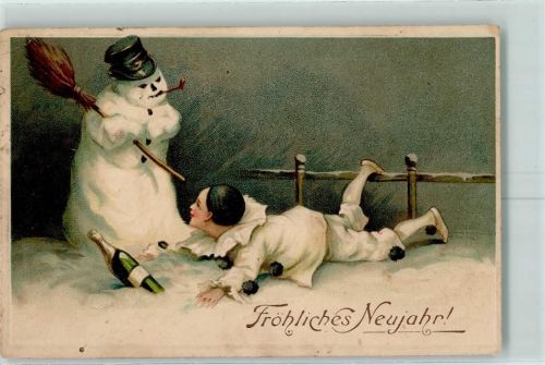 Prägedruck Neujahr Lithographie Pierrot Sekt AK