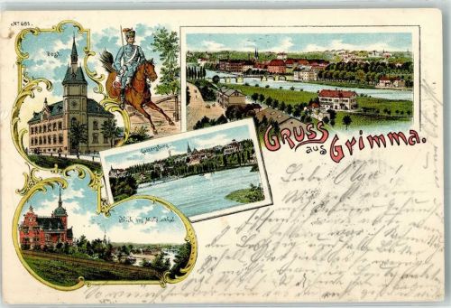Grimma 1900 Post Gattersburg Muldenthal Brücke Kirche Pferd Uniform Lithographie