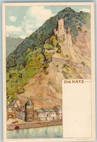 W5422 St. Goarshausen sign. Franz Hein - Burg Katz Velten Verlag Nr. 134 AK Kunstgeschichte Karlsruhe Lithographie / Künstlerkarte