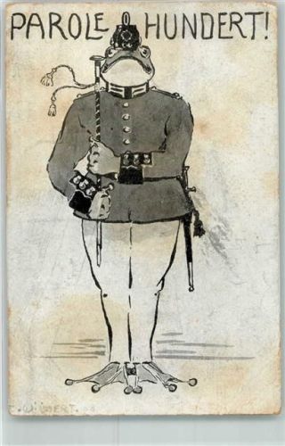 1909 Parole Hundert! Soldatenbrief Tiere vermenschlicht Uniform sign