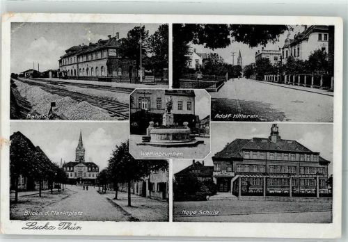 Lucka WK II Adolf Hitler Straße Bahnhof Blick zum Marktplatz Neue Schule Wettinbrunnen