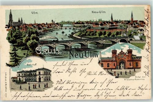 89231 W7910 Neu-Ulm 1904 Lithographie Ulm Neu-Ulm Bahnhof Portal der Friedens-Kirche Münster
