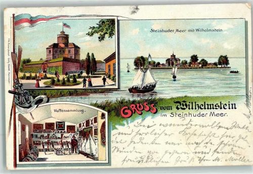 31558 W3055 Hagenburg b Wunstorf 1904 Lithographie Steinhuder Meer Segelschiffe Festung Wilhelmstein Waffenkammer