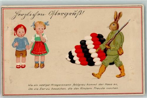1915 WK I Hase in feldgrau vermenschlicht Ostereier Schwarz-Weiß-Rot