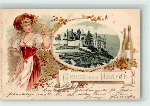 Haardt 1900 Weinflaschen Pfälzer Tracht Weinglas Lithographie