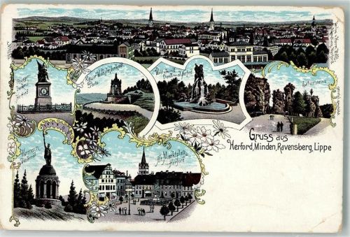 32049 W4900 Herford 1908 Gebrauchsspuren Lithographie Kriegerdenkmal Hermann Denkmal Wittekind Denkmal