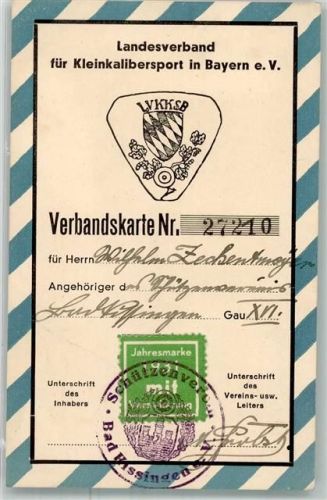 Bad Kissingen Kleinkalibersport in Bayern e.V. LVKKSB Verbandskarte mit Jahresmarke und Stempel