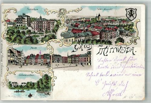 Mittweida 1899 Technikum Marktplatz Tschirnerplatz Schwanenteich Lithographie beschnitten