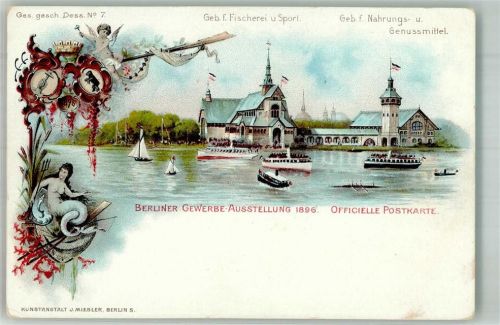 Treptow 1896 Dess. Nr. 7 Gebäude Fischerei und Sport , Meerjungfrau Mermaid Engel