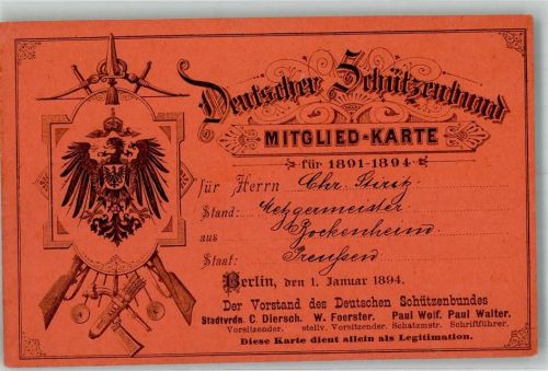 Berlin Mitte Mitglieds-Karte Deutscher Schützenbund Wappen 1891-1894