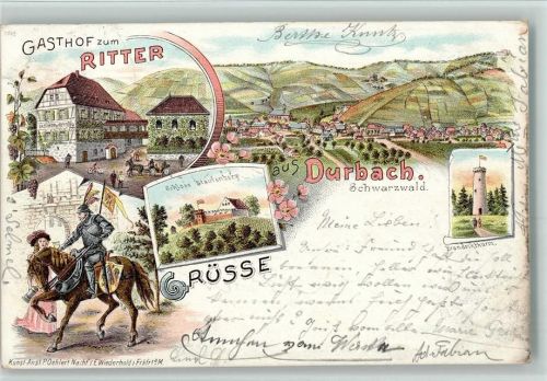 Durbach Gruss aus - Brandeckturm, Gasthof zum Ritter AK